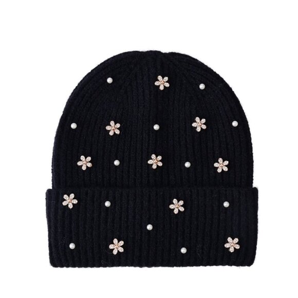 Black Knitted Beanie Hat with Rhinestone Flowers for Women NWT - Picture 2 of 2